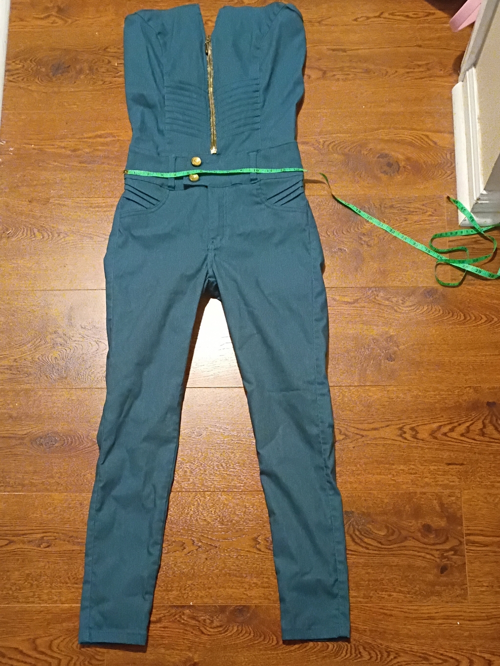 Strapless Teal Jumpsuit with Gold Zip and Button Accents